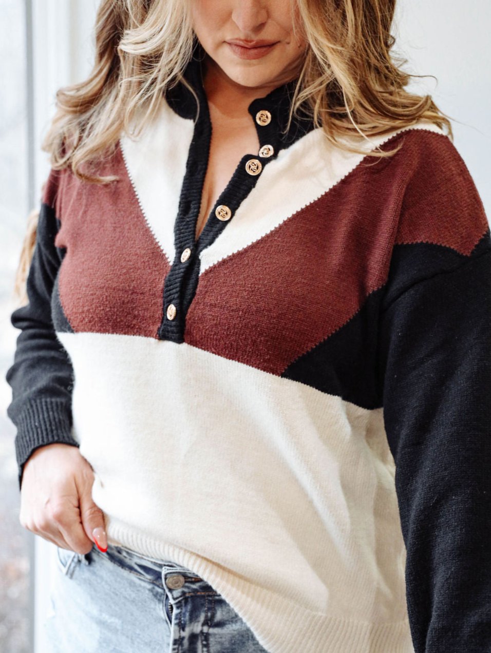 Geometric Knit V Neck Sweater