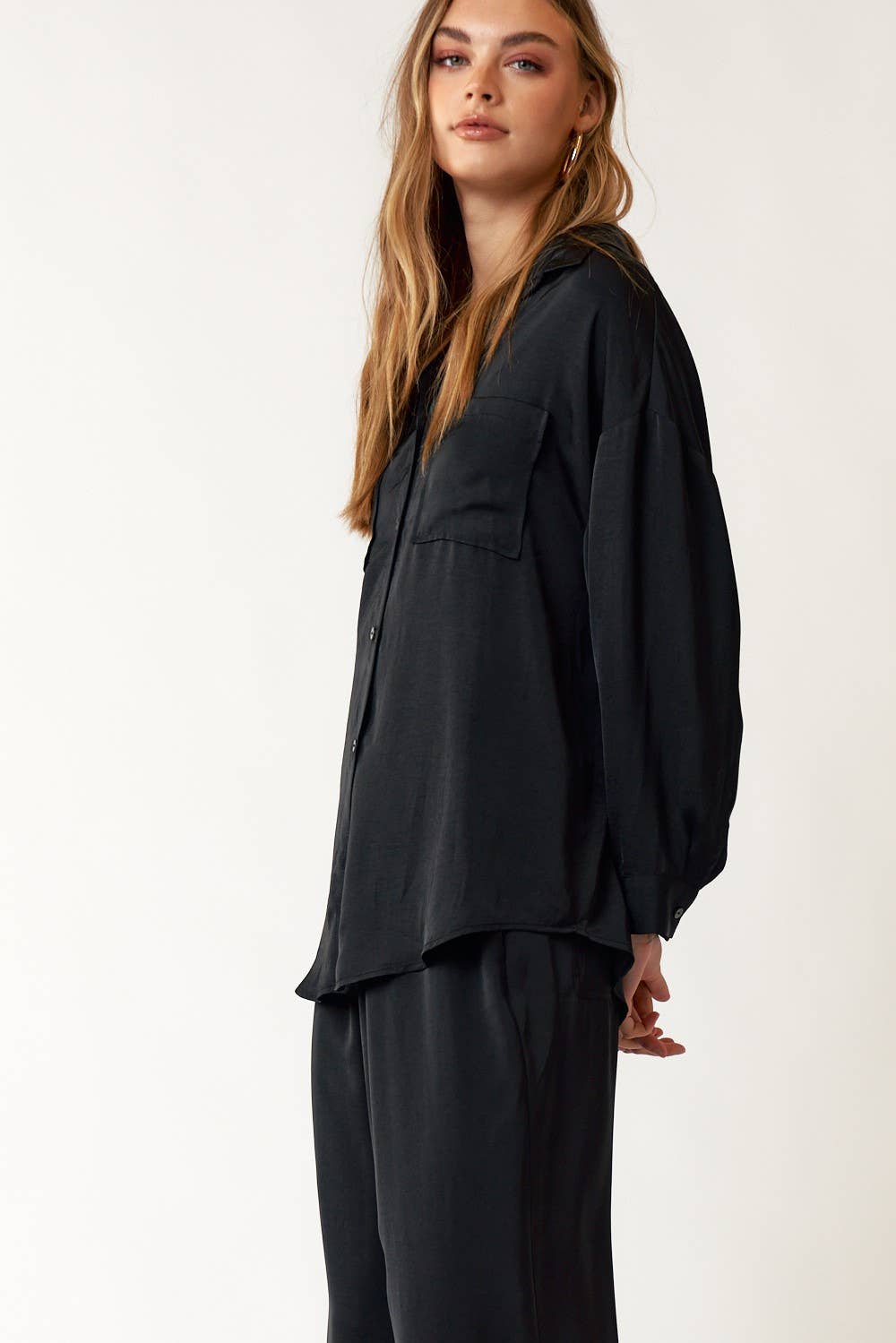 Washed Satin Flowy Collared Button Up Shirts