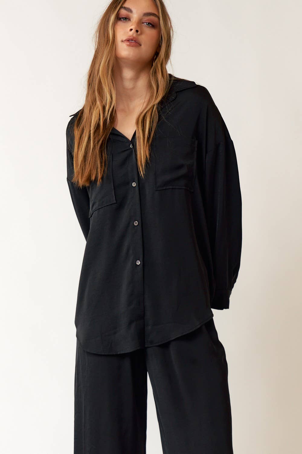 Washed Satin Flowy Collared Button Up Shirts
