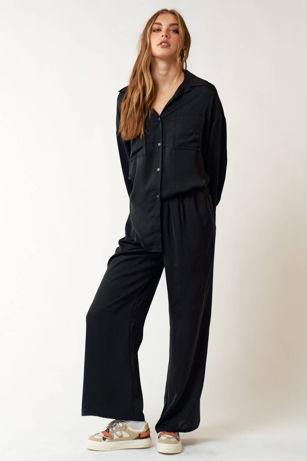 Washed Satin Flowy Collared Button Up Shirts