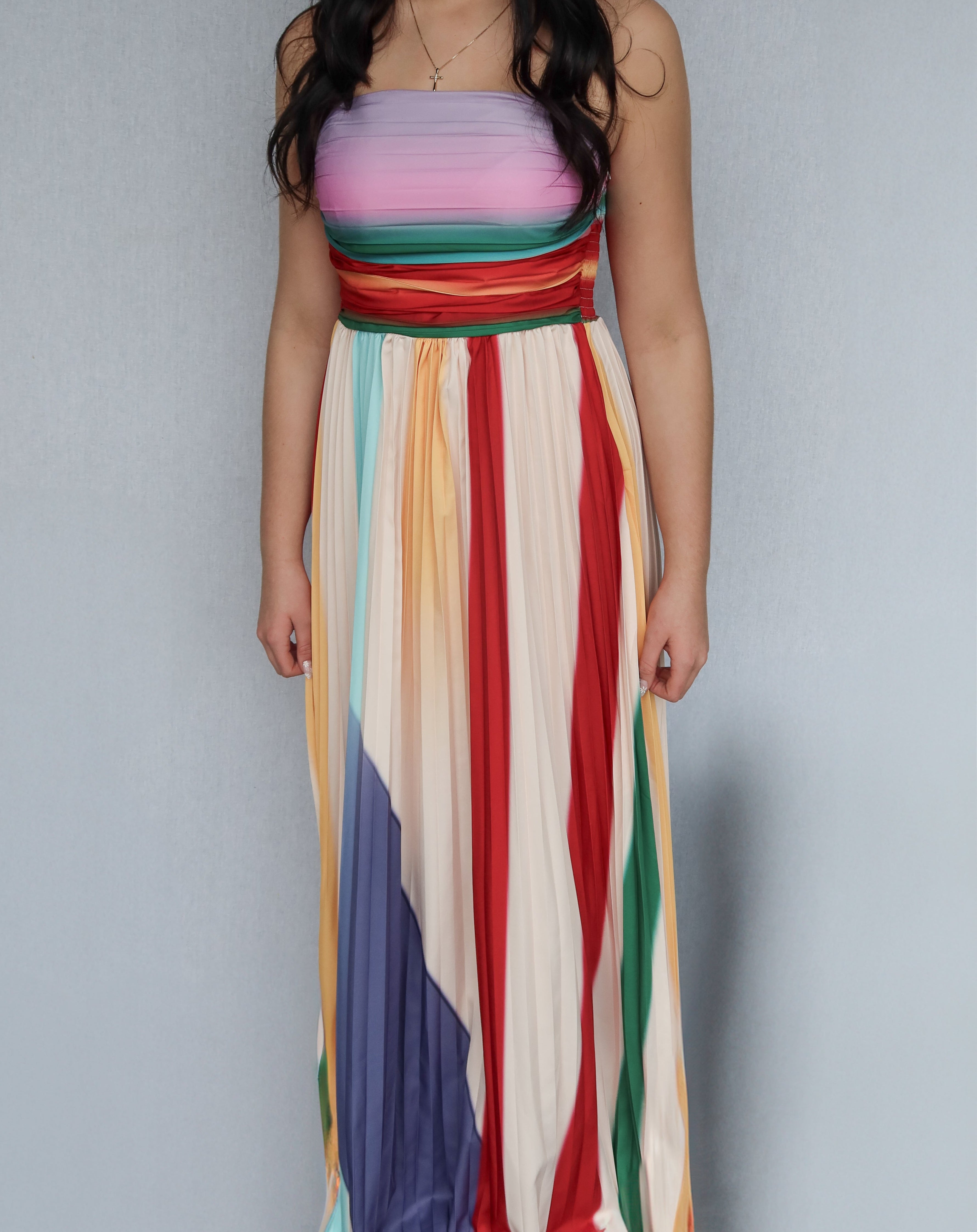 Colorful Strapless Pleated Maxi Dress