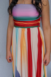 Colorful Strapless Pleated Maxi Dress