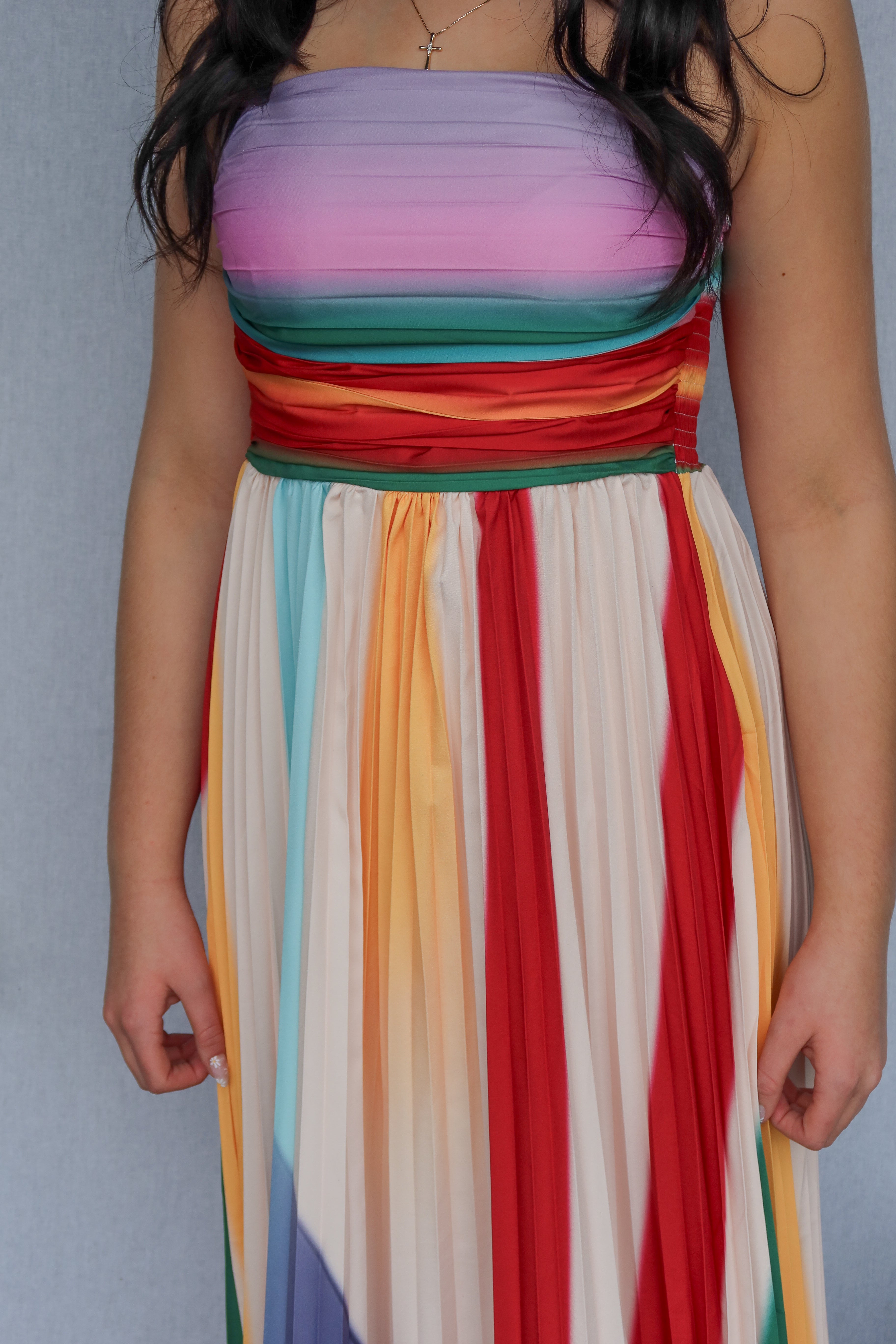 Colorful Strapless Pleated Maxi Dress