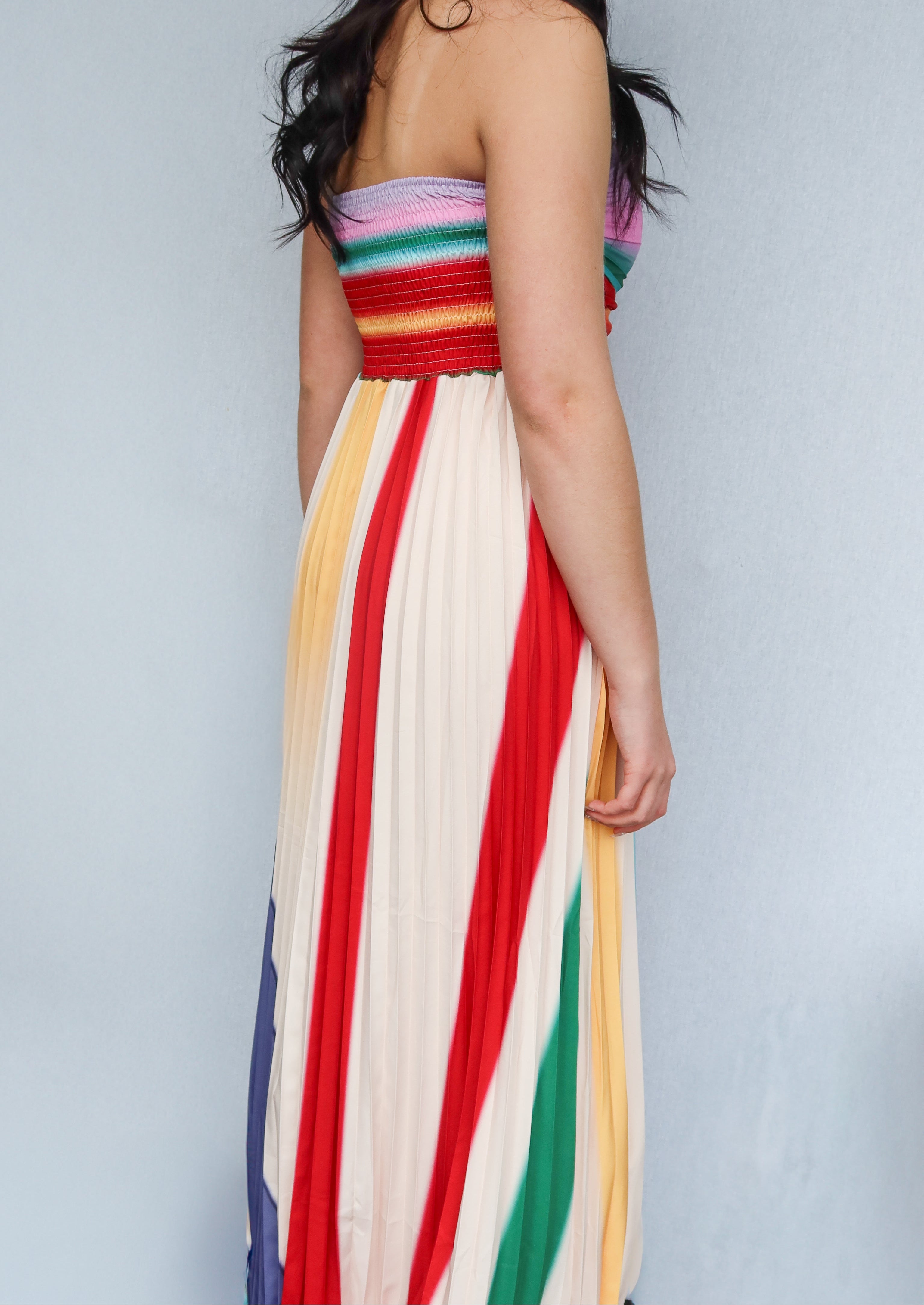 Colorful Strapless Pleated Maxi Dress