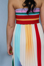 Colorful Strapless Pleated Maxi Dress
