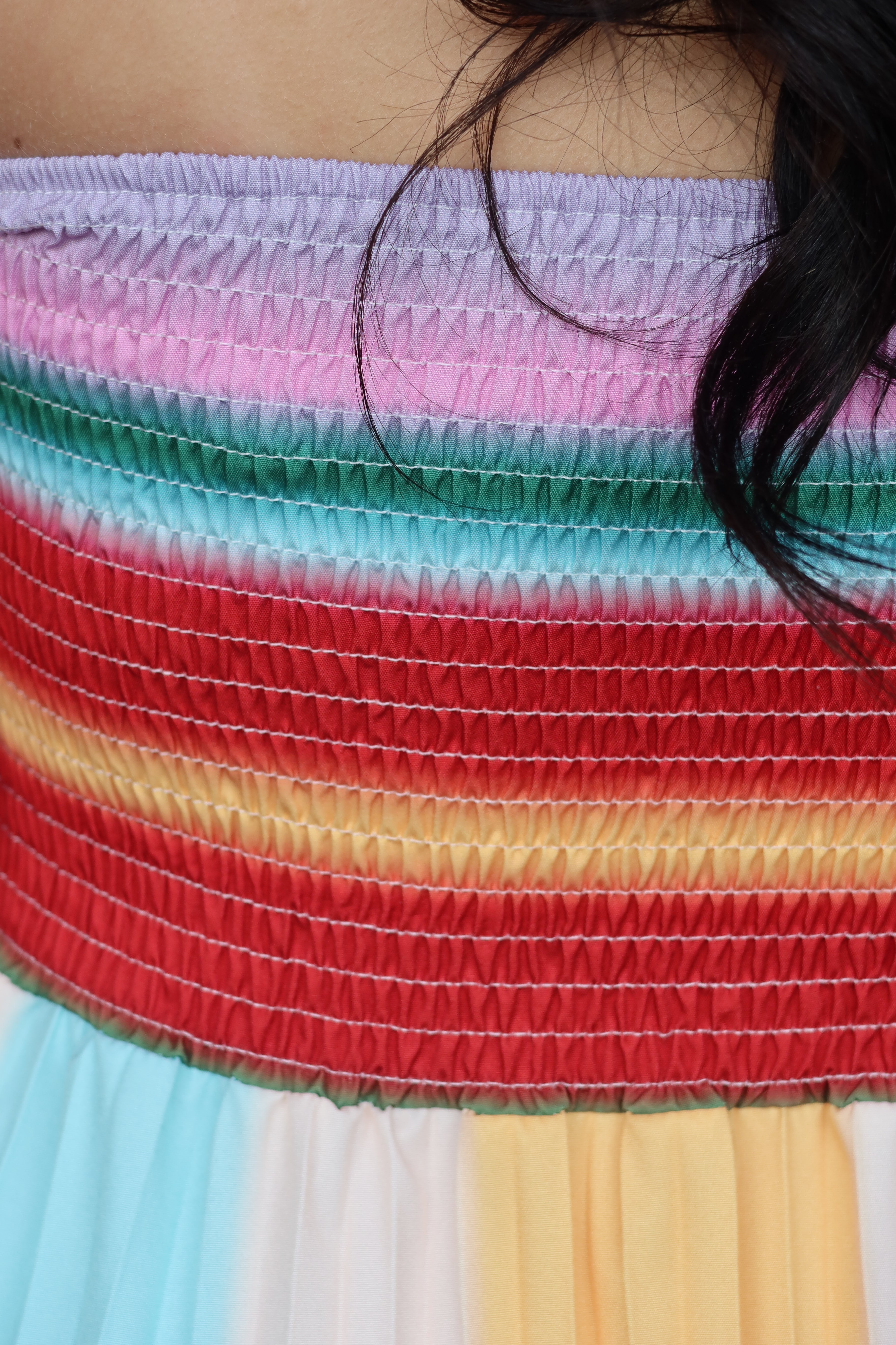 Colorful Strapless Pleated Maxi Dress