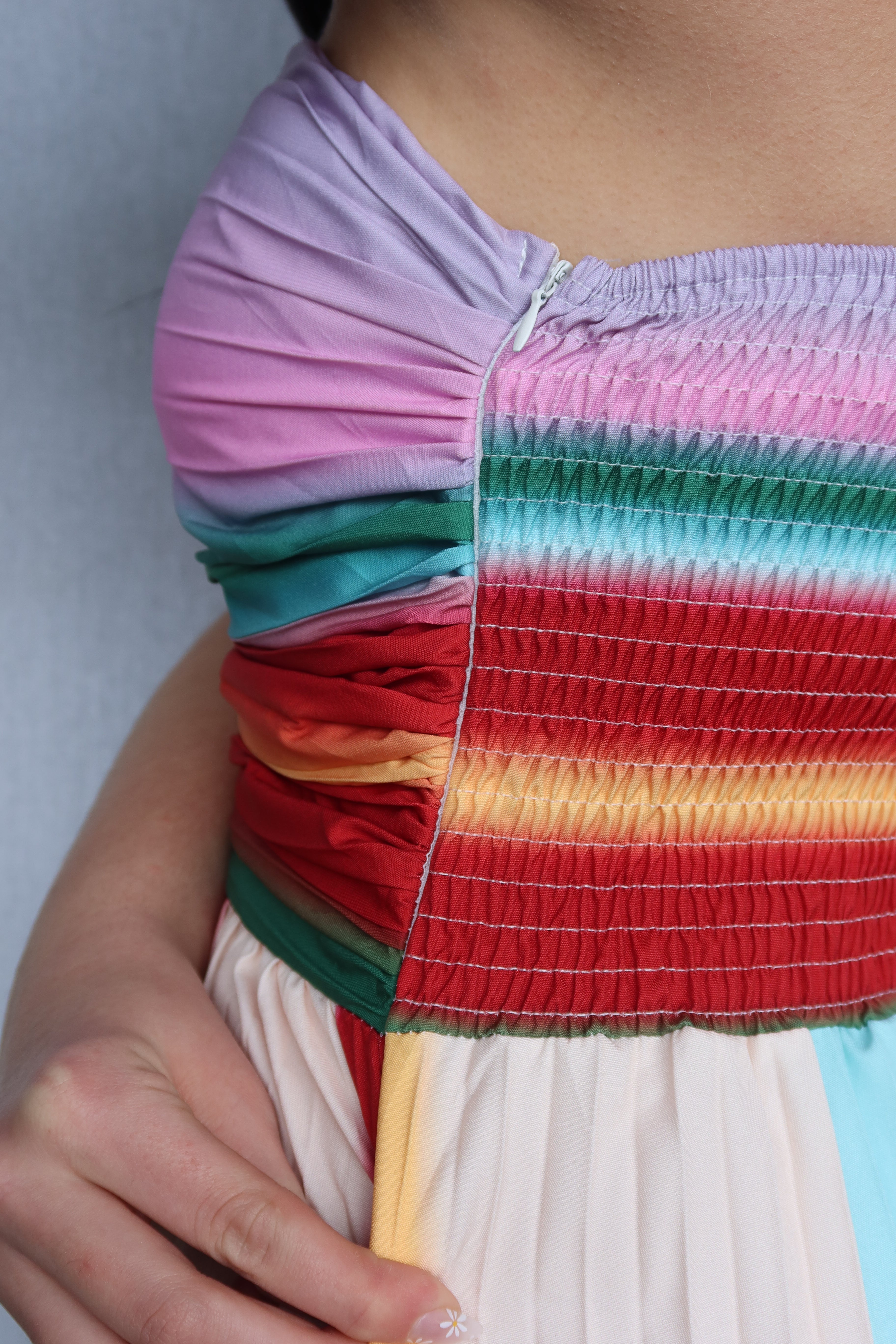 Colorful Strapless Pleated Maxi Dress