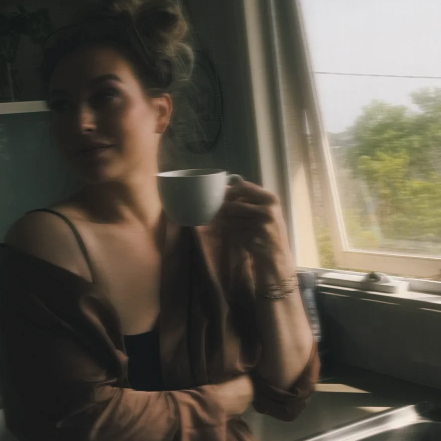 A blurry photo of Quinn in a kitchen smiling and holding a mug of coffee