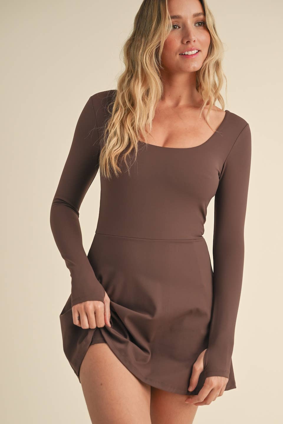 Scoop Neck Fit and Flare Long Sleeve Mini Dress