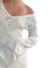 Crochet V-Neck Long Sleeves Long Knit Dress