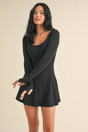 Scoop Neck Fit and Flare Long Sleeve Mini Dress