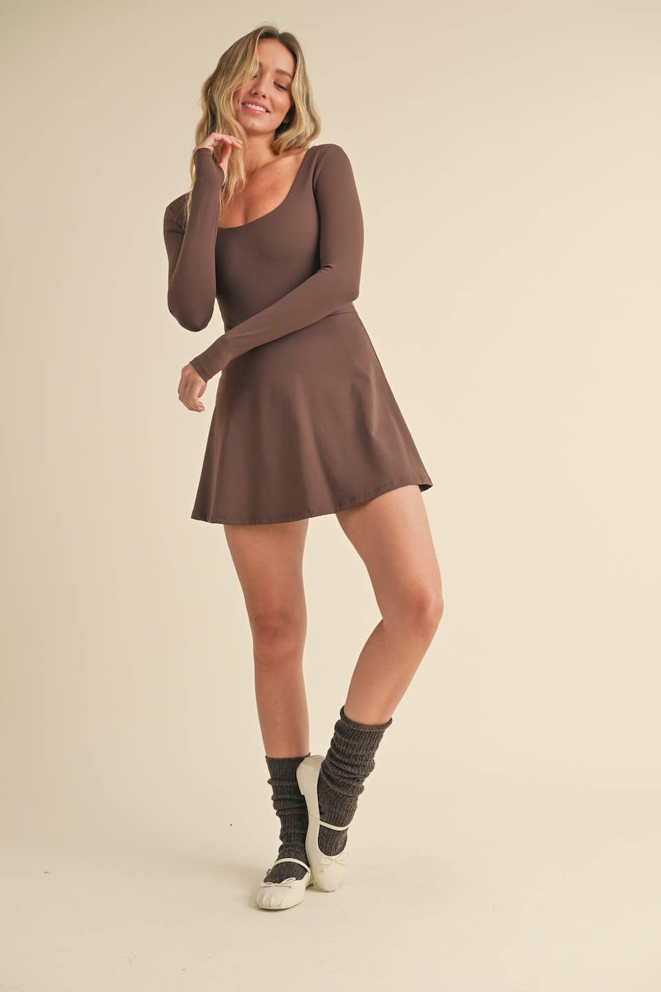 Scoop Neck Fit and Flare Long Sleeve Mini Dress