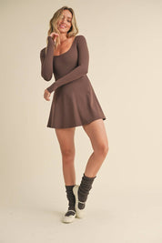 Scoop Neck Fit and Flare Long Sleeve Mini Dress