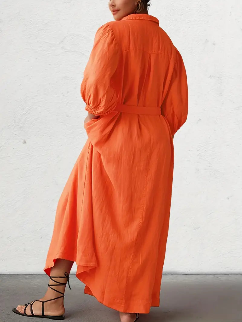 Solid Button Front Orange Belted Dress