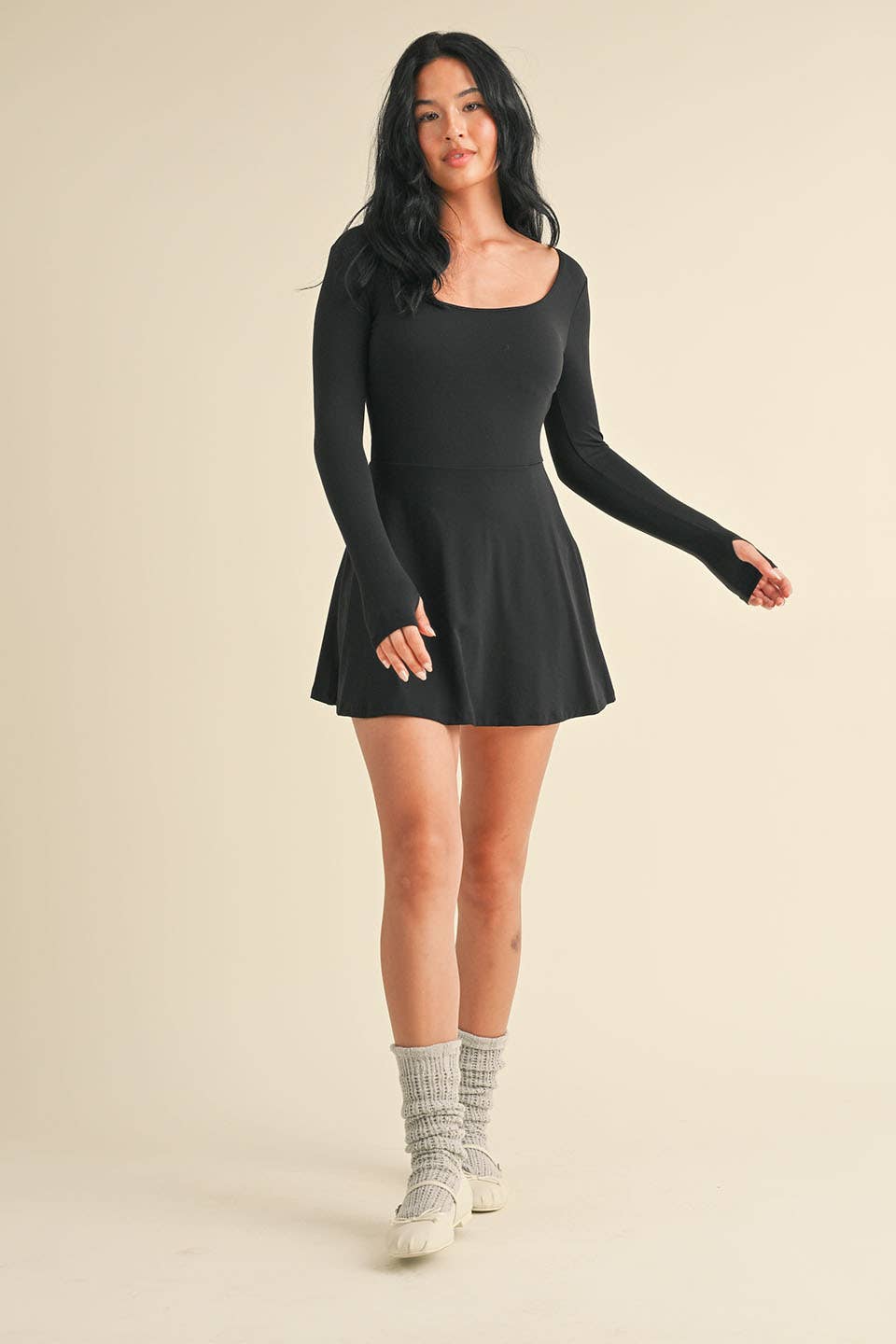 Scoop Neck Fit and Flare Long Sleeve Mini Dress