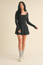 Scoop Neck Fit and Flare Long Sleeve Mini Dress