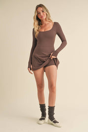 Scoop Neck Fit and Flare Long Sleeve Mini Dress