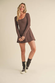 Scoop Neck Fit and Flare Long Sleeve Mini Dress