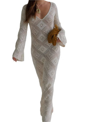 Crochet V-Neck Long Sleeves Long Knit Dress