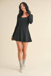 Scoop Neck Fit and Flare Long Sleeve Mini Dress