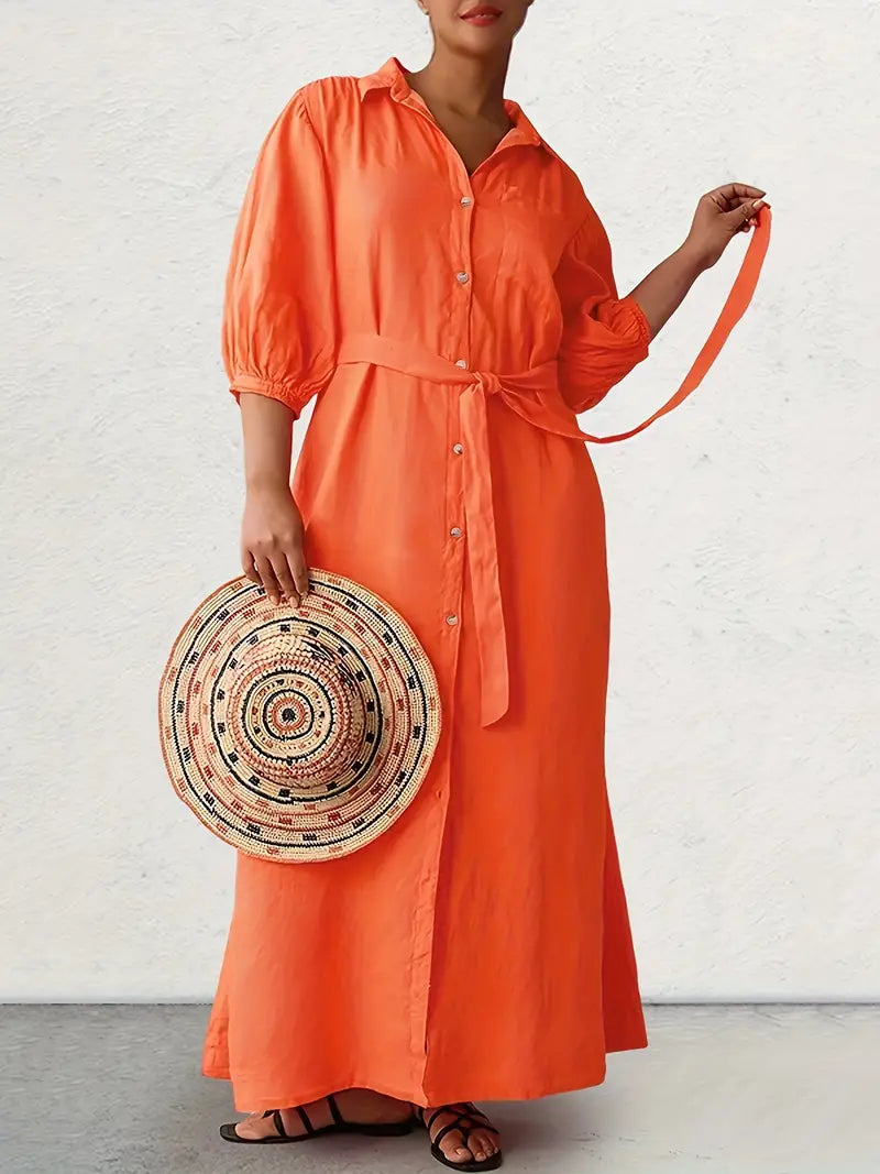 Solid Button Front Orange Belted Dress