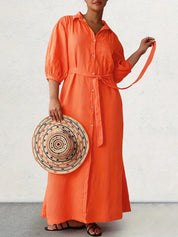 Solid Button Front Orange Belted Dress