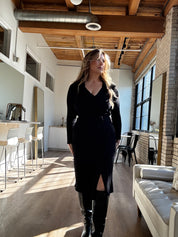 The Ribbed V-Neck Midi Dress in Black