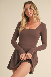 Scoop Neck Fit and Flare Long Sleeve Mini Dress
