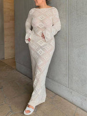 Crochet V-Neck Long Sleeves Long Knit Dress