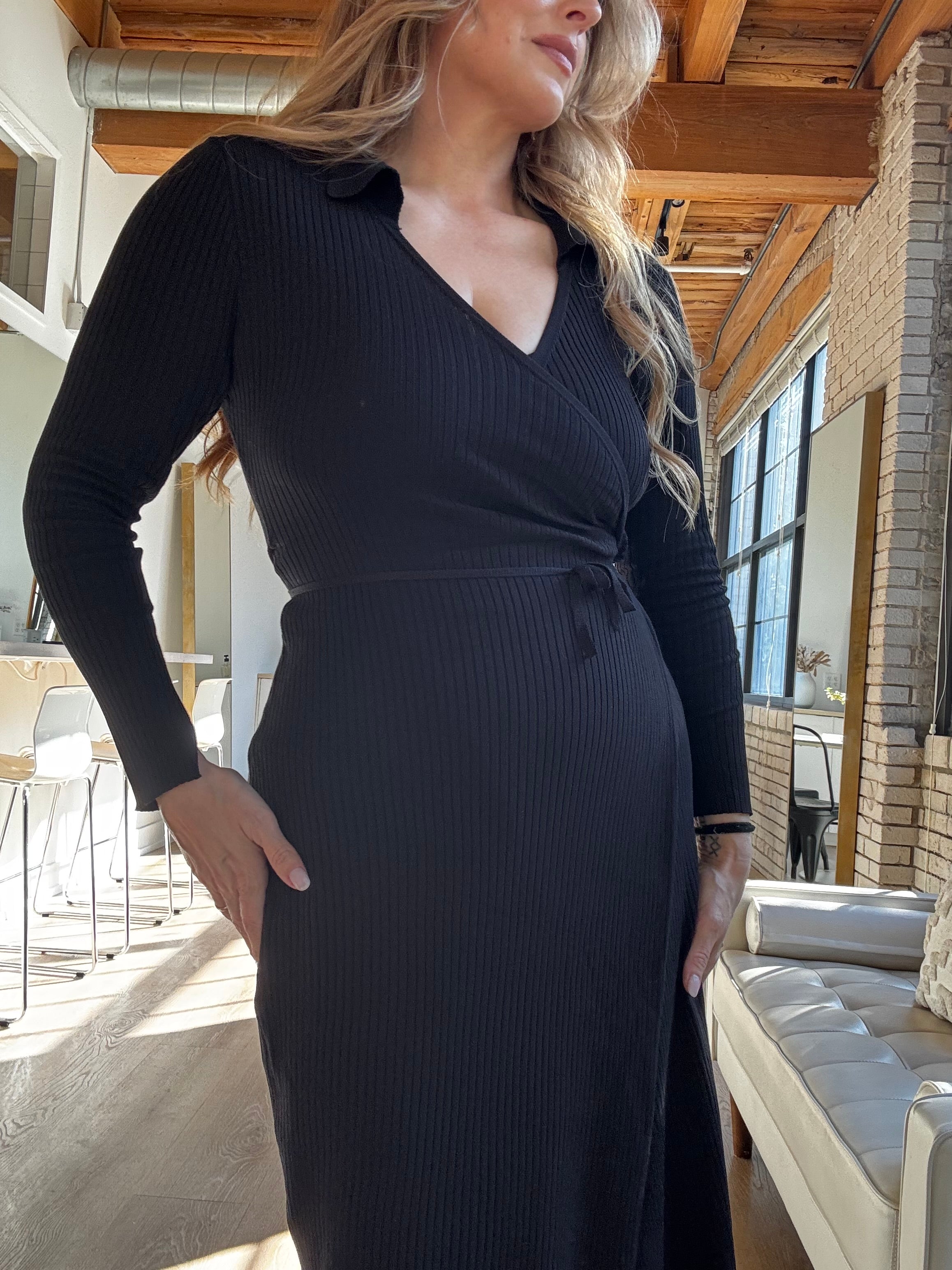 The Ribbed V-Neck Midi Dress in Black