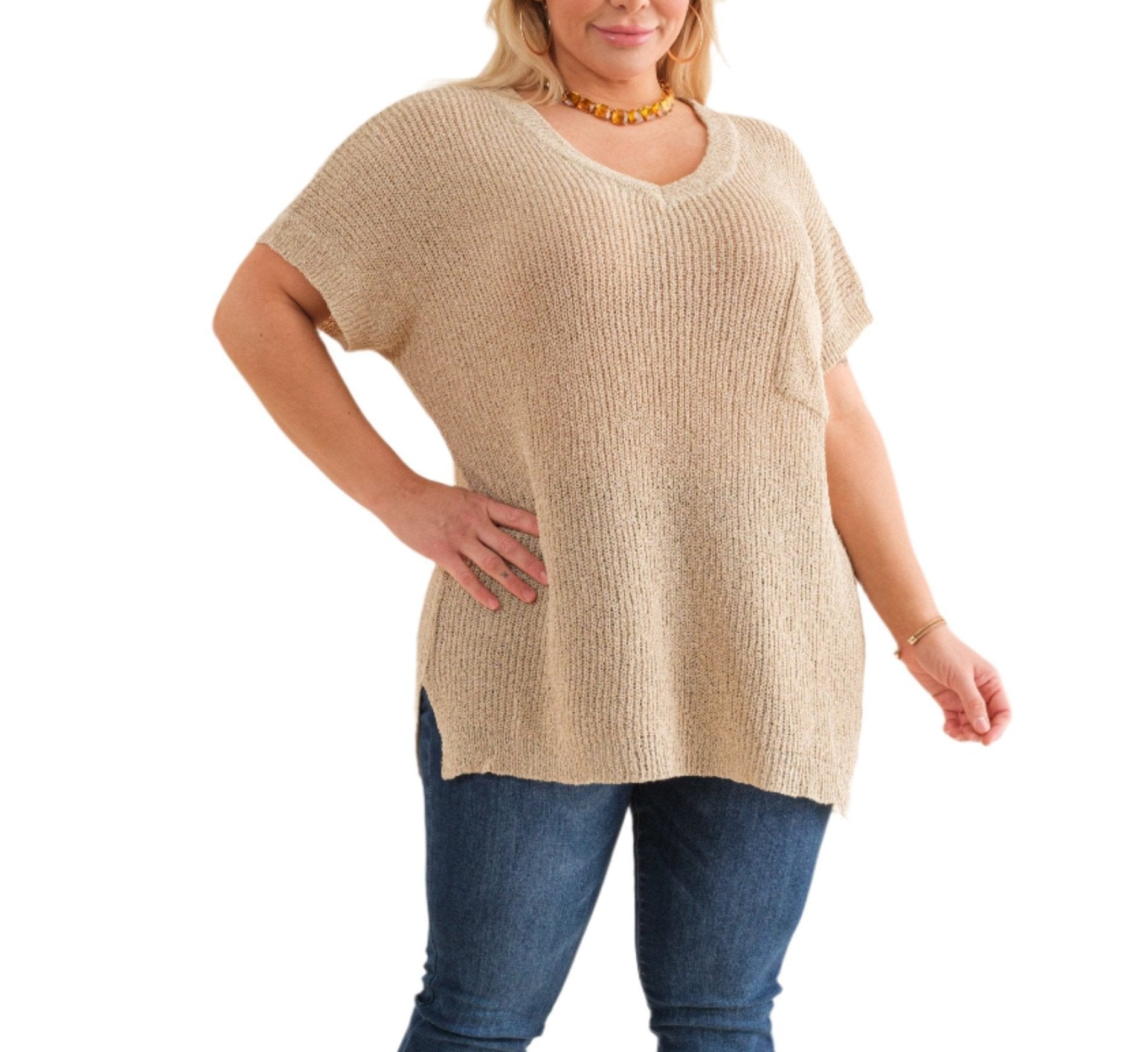 Light Knit Short Sleeve V-Neck Top