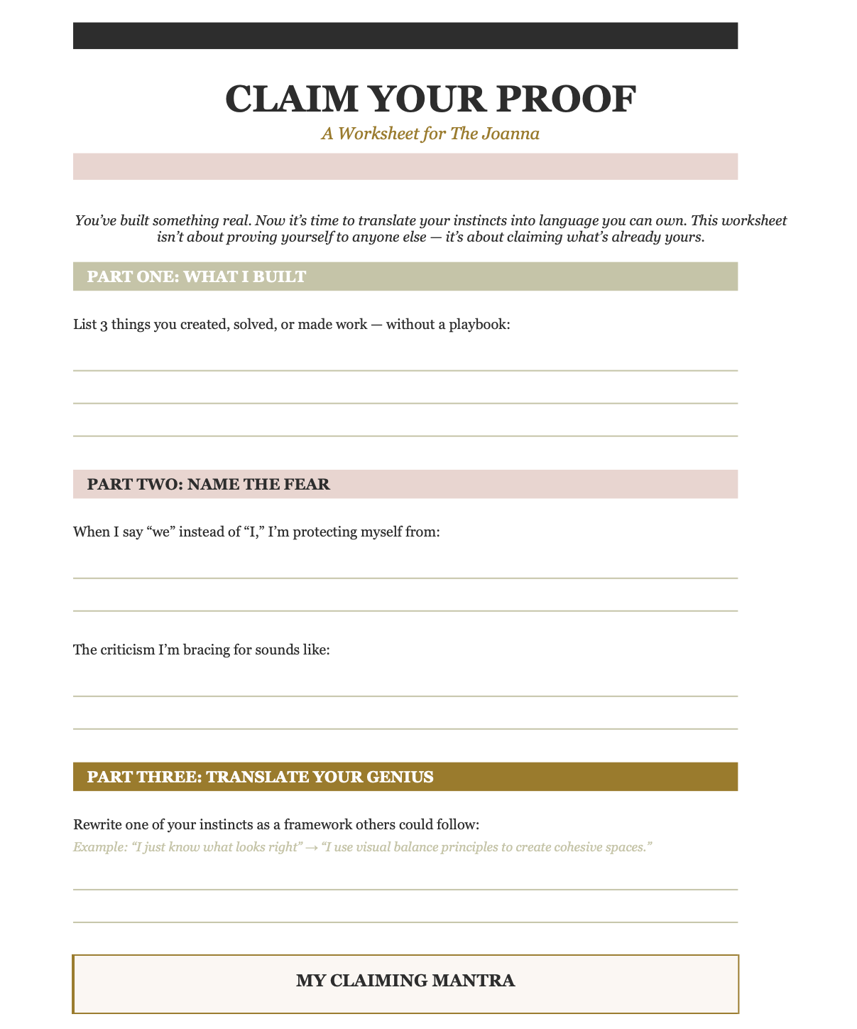 Worksheet titled 'Claim Your Proof' with text and sections on a white background