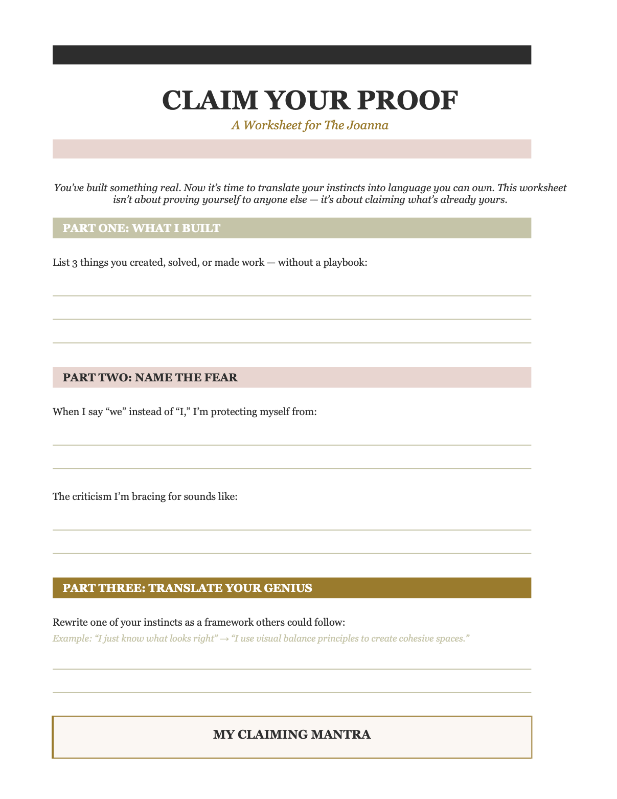 Worksheet titled 'Claim Your Proof' with text and sections on a white background