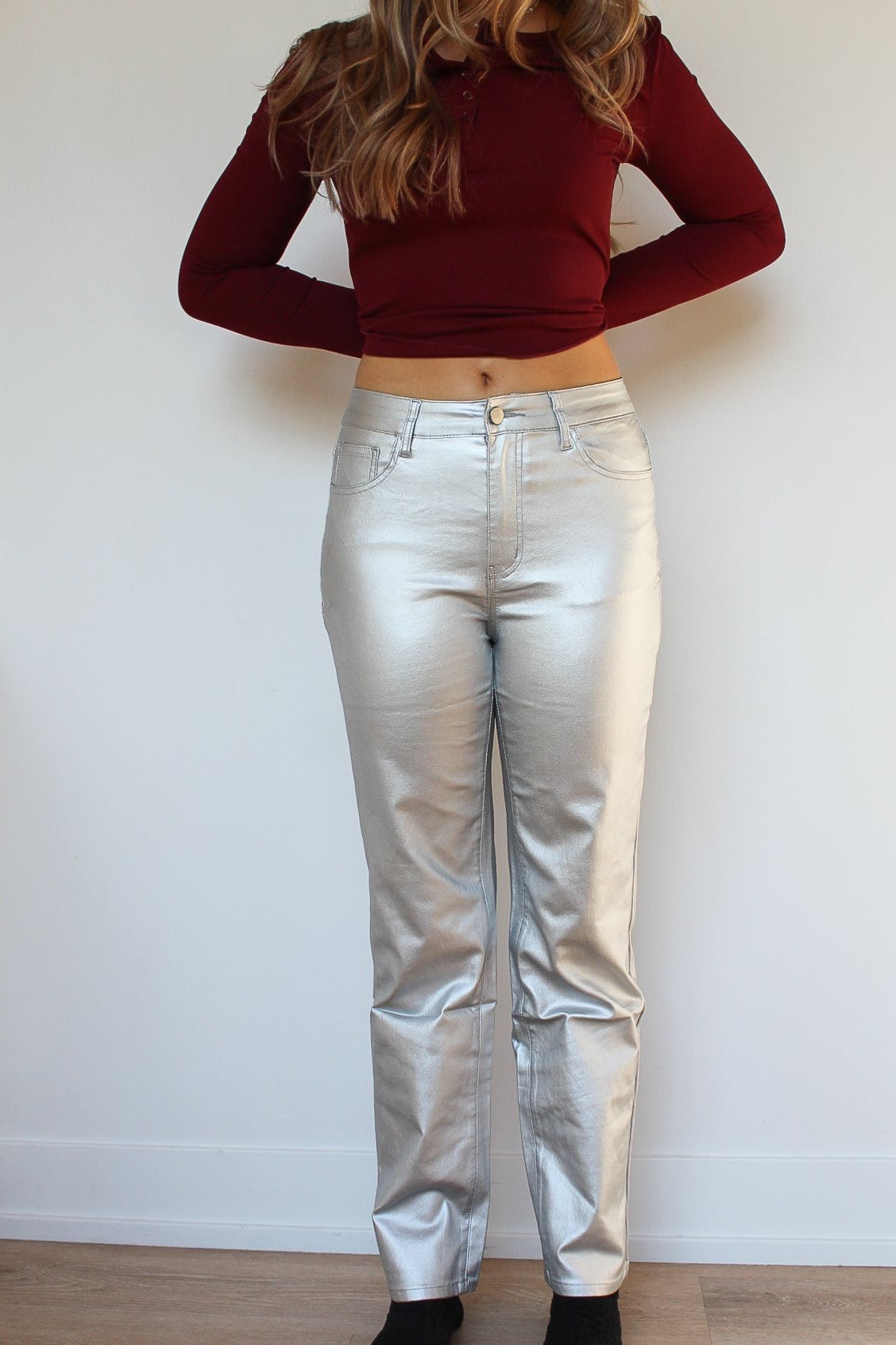 Metallic High-Waist Straight Leg Pants