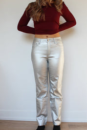 Metallic High-Waist Straight Leg Pants