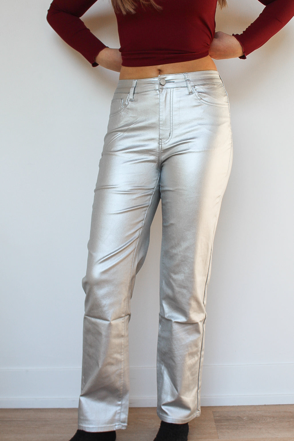 Metallic High-Waist Straight Leg Pants