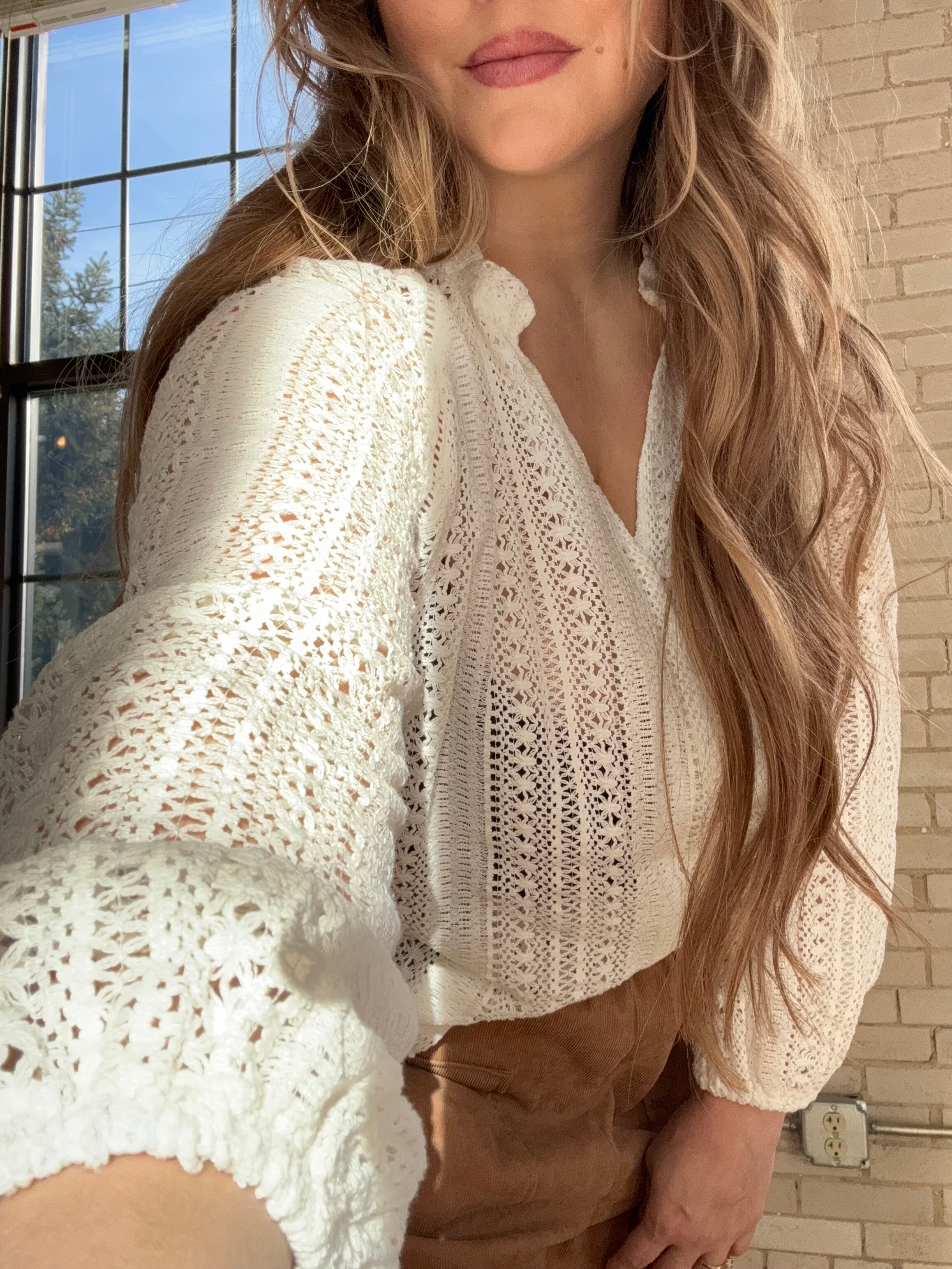 Cutout Lace V Neck Blouse