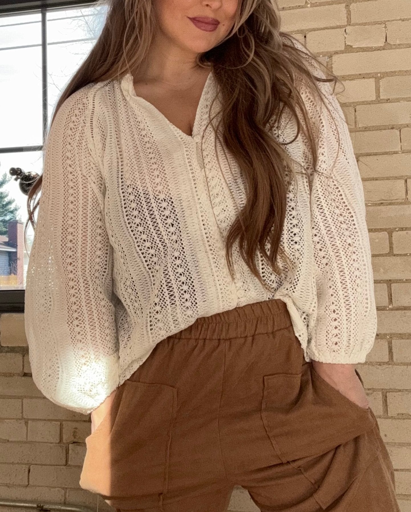 Cutout Lace V Neck Blouse