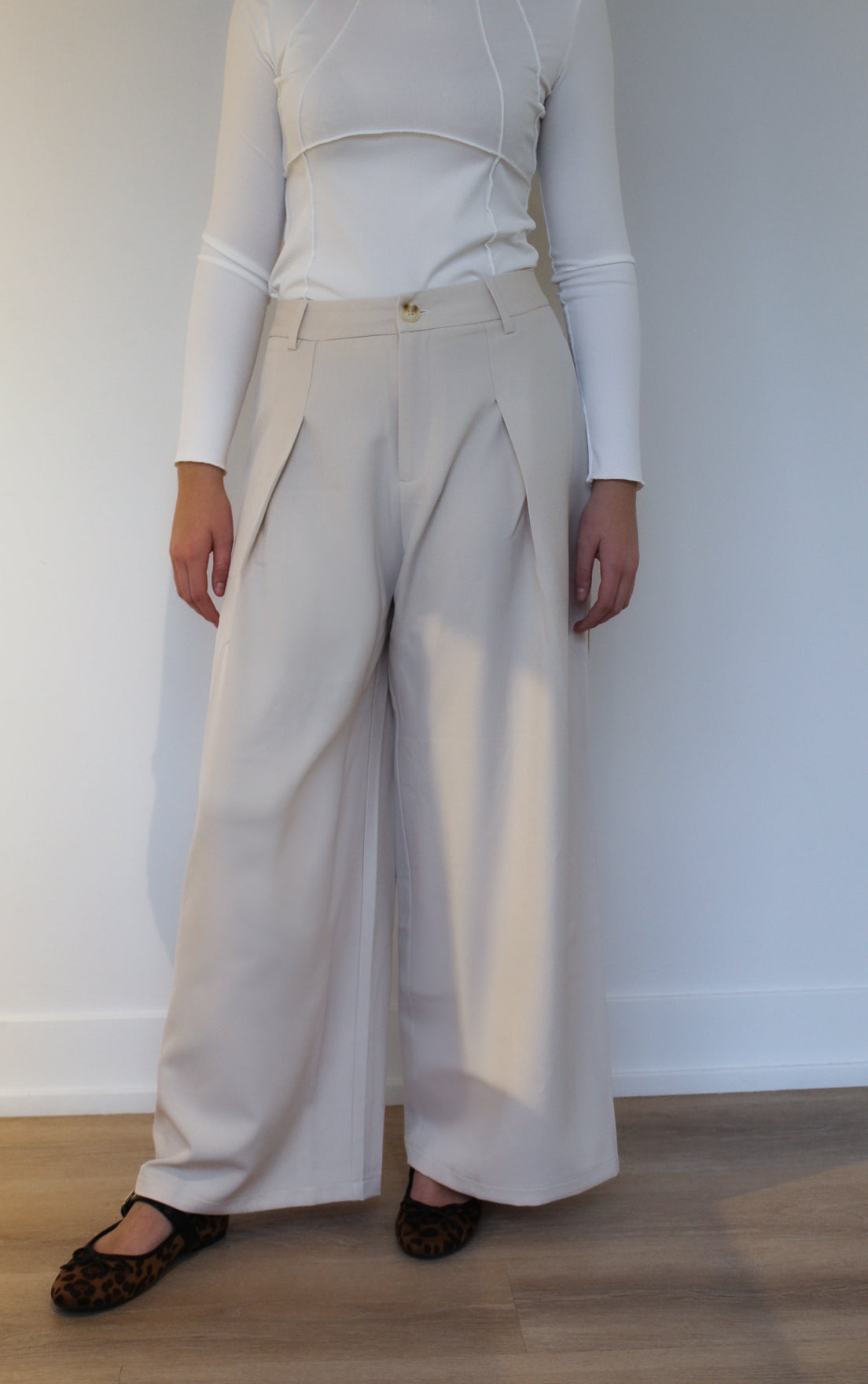 Cream Wide Leg Pants with Pockets