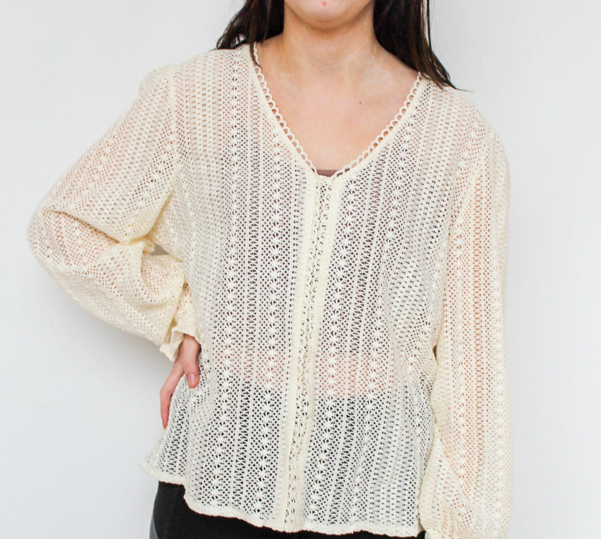 Crochet V-Neck Blouse with Lace Detailing