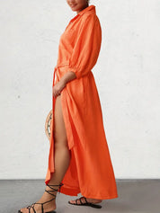 Solid Button Front Orange Belted Dress